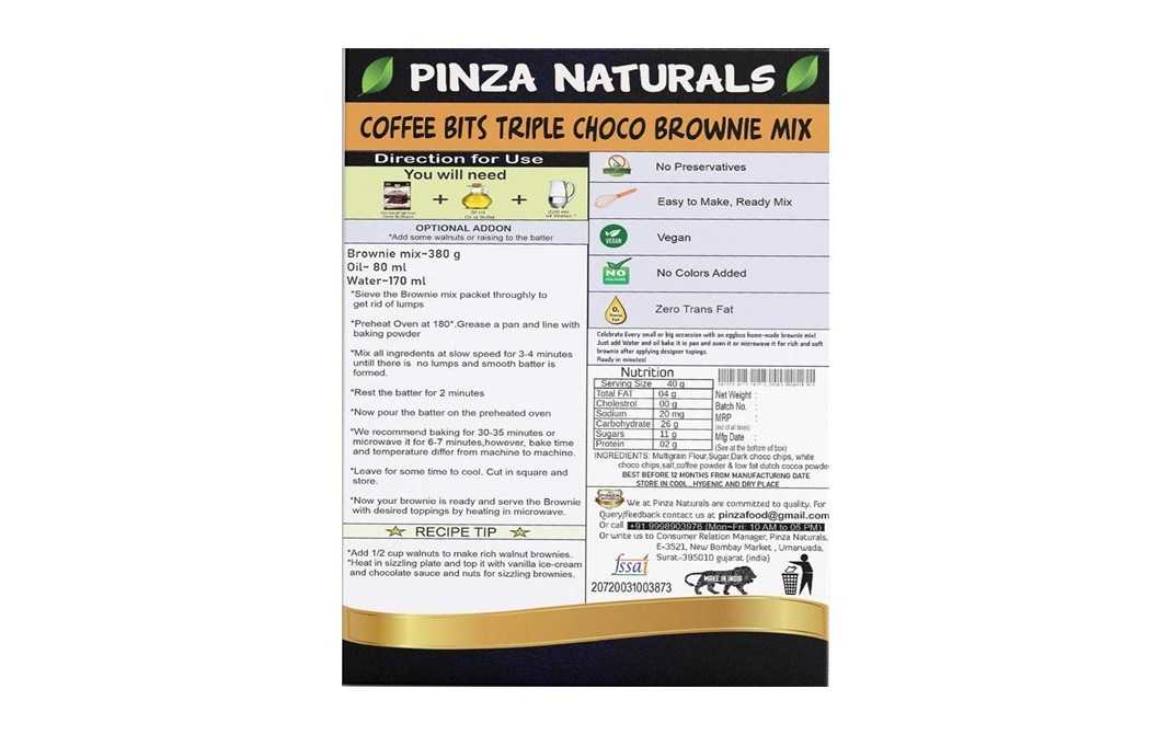Pinza Naturals Coffee Bits Triple Choco Brownie Mix   Box  380 grams
